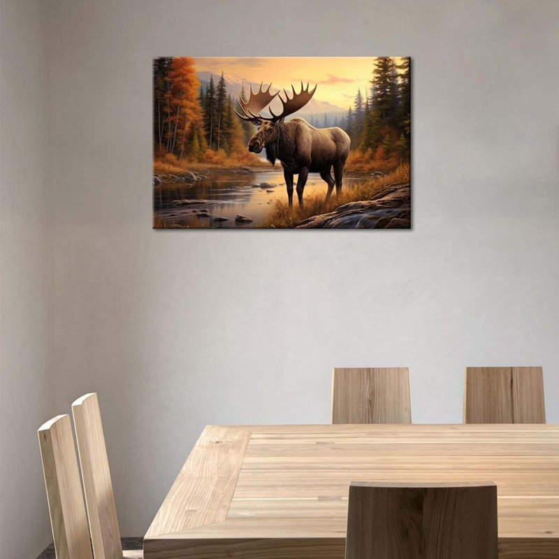 Nature Moose Wall Art Landscape Moose In The River Wall Decor Print Painting Wilderness Animal Retro Poster