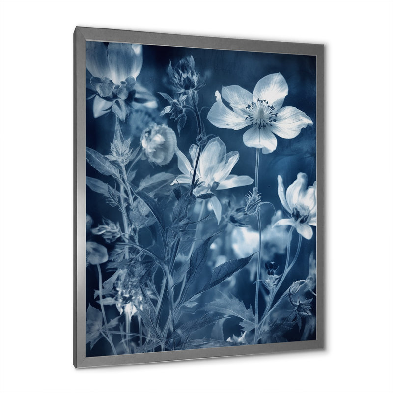 Fleurs sauvages dans un pré bleu botanique - impression, Cadre simple gris, H 44 po x l 34 po x P 1,5 po