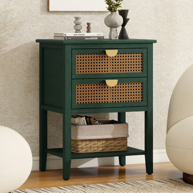 Table de bout avec 2 tiroirs et table d'appoint en bois avec poignées dorées et rotin naturel pour le salon, la chambre à coucher et les petits espaces