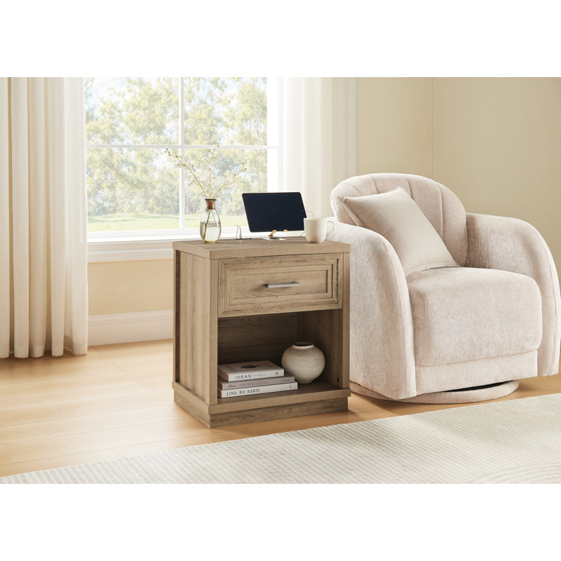 Hewett Nightstand With Charging Station, 24 Inches In Height Modern End Table With Drawer Storage And Open Shelf, Wooden Bedside Table For Small Spaces, Bedroom, Living Room, Dorm, Office 