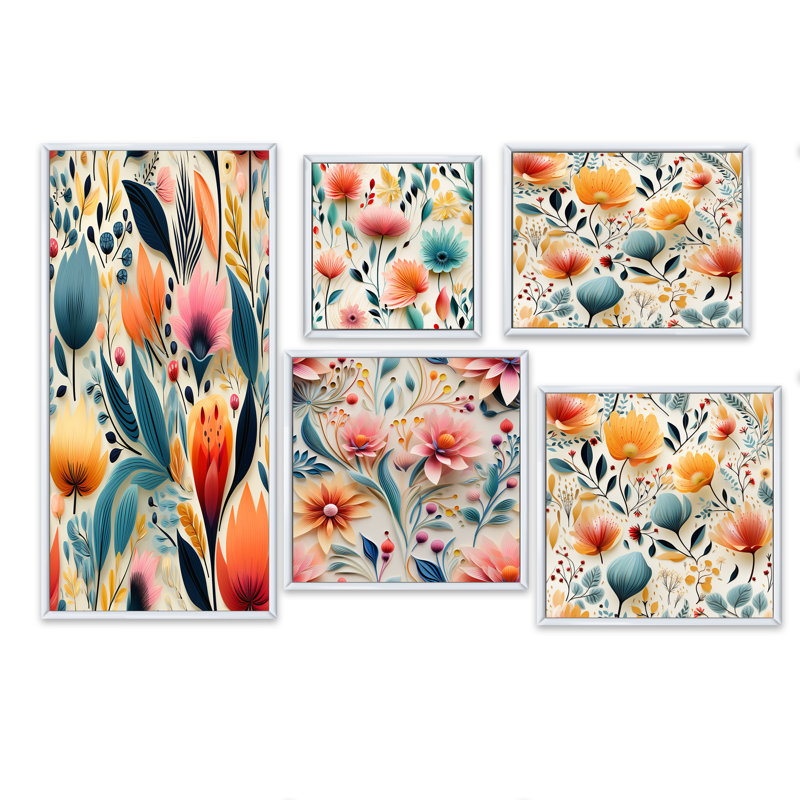 Ensemble de 5 reproductions sur toile botaniques d'Yvette, Cadre flottant blanc