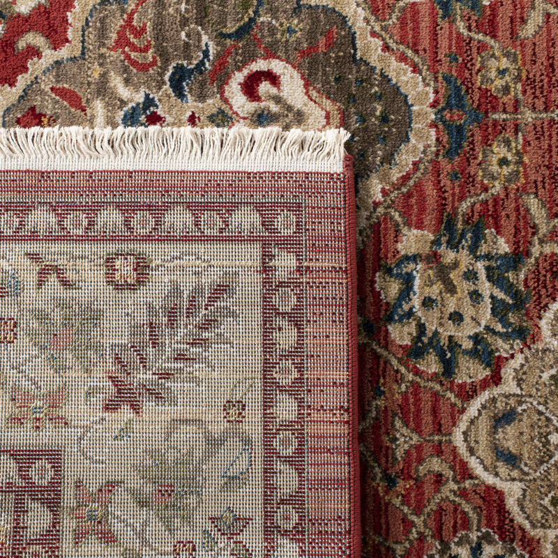 Ariel Round Red and Beige Floral Wool Area Rug