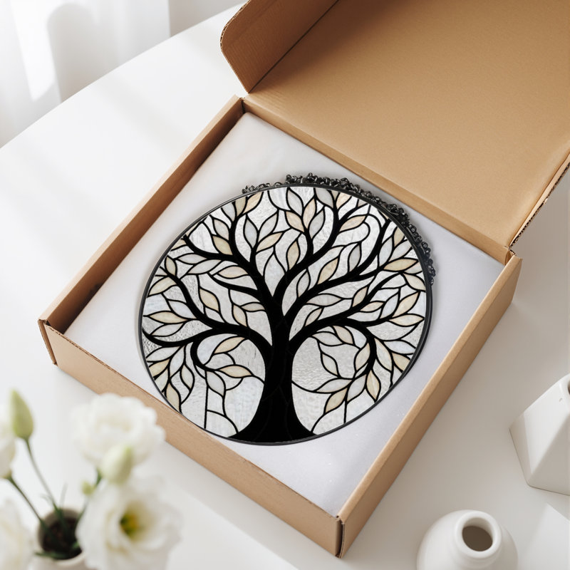 7.8"H Tree Leaves Stained Glass Window Panel, 7.8" H x 7.8" W