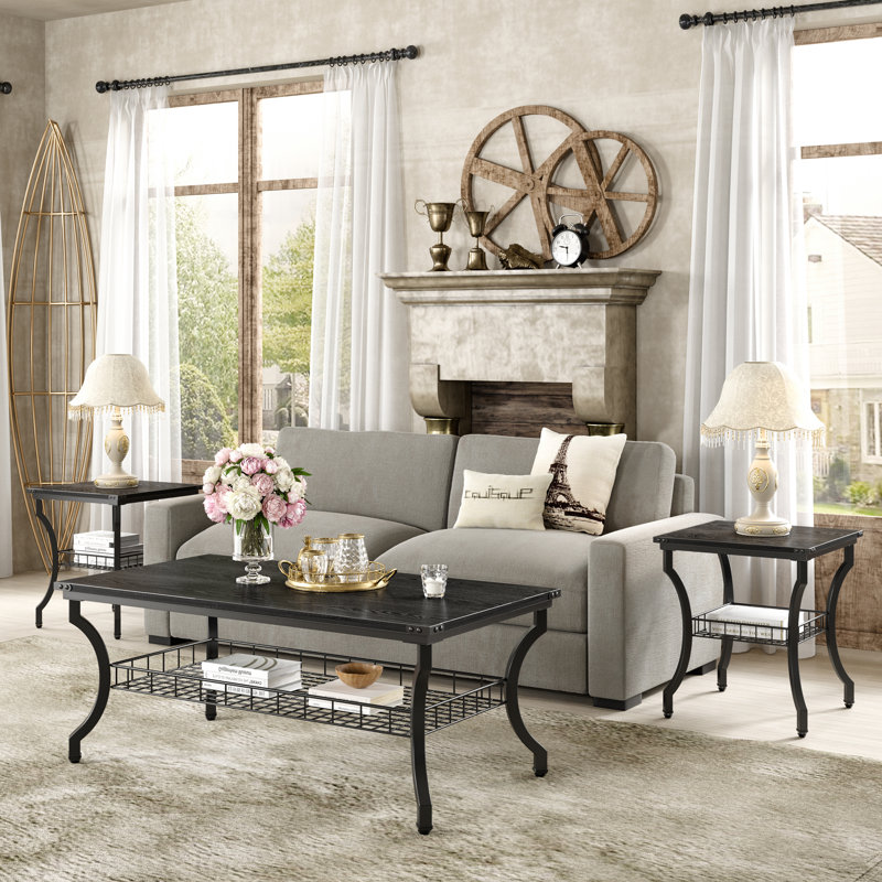 Aliona 3-Piece Black Coffee Table and End Table Set, Modern Industrial Accent Tables with Storage Shelf, Engineered Wood and Metal Living Room Furniture