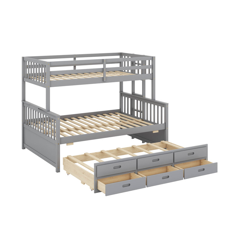 Twin Over Full Bunk Bed With Drawers And Trundle, Grey