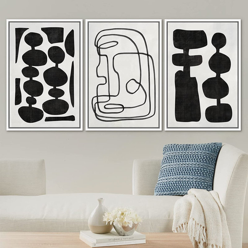 «Retro Mid-Century Boho Duotone Collage Abstract Shapes Illustration», ensemble de 3 peintures encadrées sur toile flottante