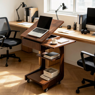 Table d'appoint roulante en forme de C en bois massif de noyer, pivotante à 360°, pliable, avec support pour ordinateur portable et roulettes pivotantes verrouillables, idéale pour le salon, la chambre ou le bureau.
