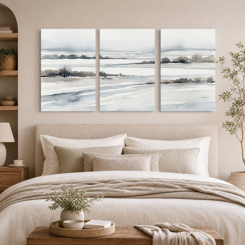 Ensemble de 3 toiles murales à l'aquarelle représentant des champs et des arbres enneigés en gris, 30"H x 20"W x 3pcs