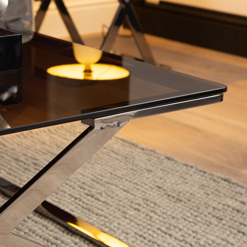 Ayaa 100cm Wide Metal Coffee Table for Living Room Furniture, Modern Glass Top Centre Table, Silver, Black