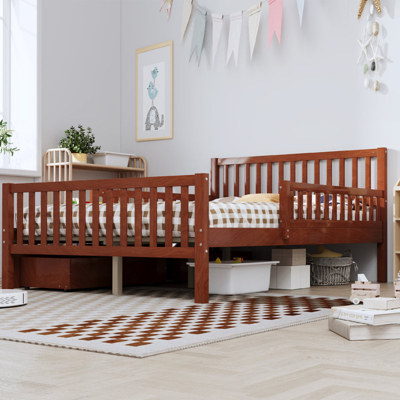 Lit plateforme double en bois pleine grandeur avec garde-corps et deux tiroirs de rangement, conception durable et peu encombrante