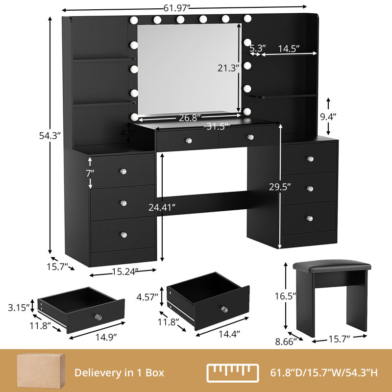 Grand meuble-lavabo Greyden Zeibak avec 8 tiroirs, 14 ampoules lumineuses et un espace de rangement spacieux, Noir