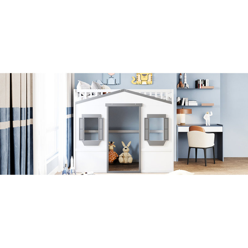 Lit mezzanine double avec structure en pin massif blanc et gris pour une chambre à coucher attrayante et fonctionnelle