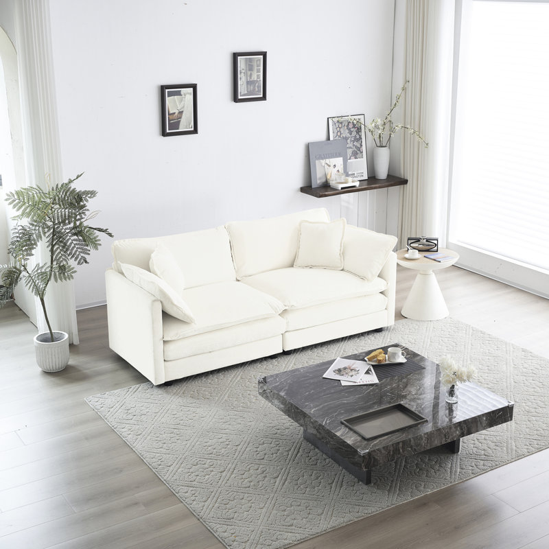 Salon en chenille blanche moderne - 2 avec 4 coussins en bois et tissu d'ameublement