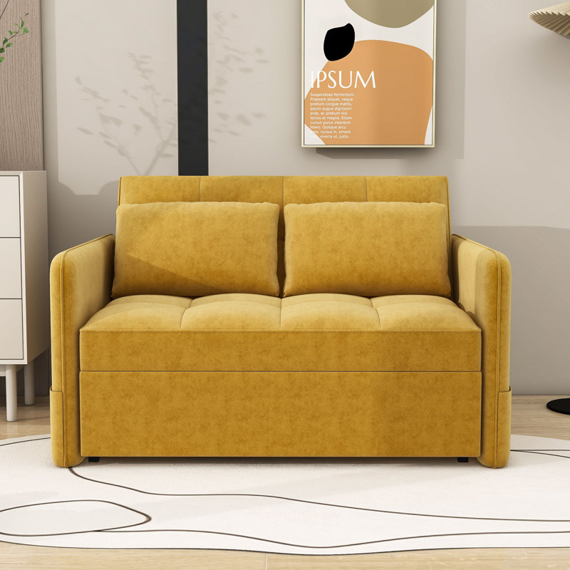 Aerabella Upholstered Pull-out Sofa Bed, Sleeper, Loveseat Couch with Adjustable Armrests, Yellow Chenille