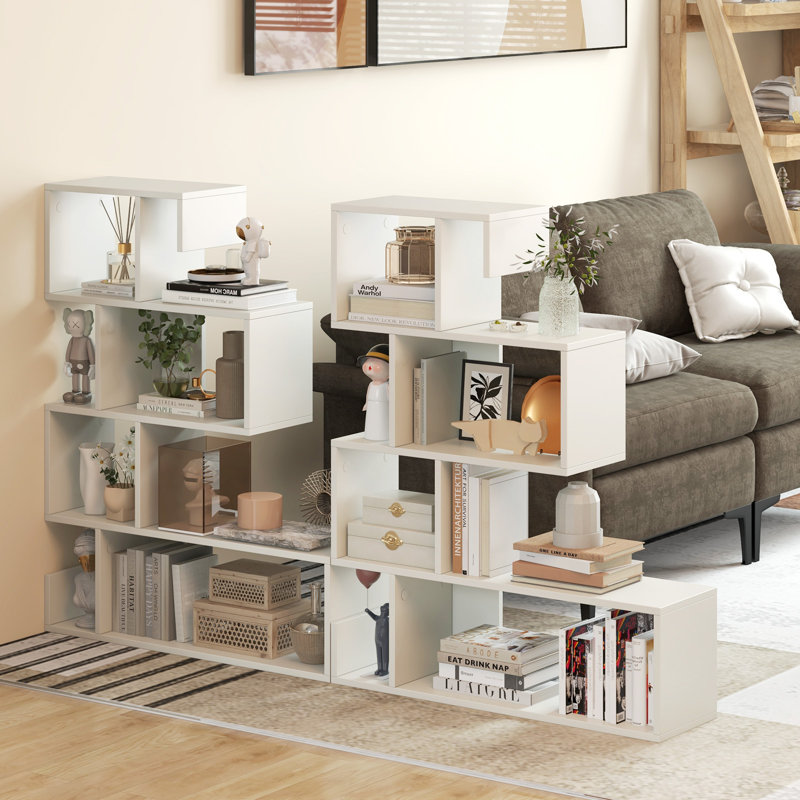 39.5'' H X 31.5'' W S-Shaped Bookshelf, Geometric Bookcase w/Open Shelves, White