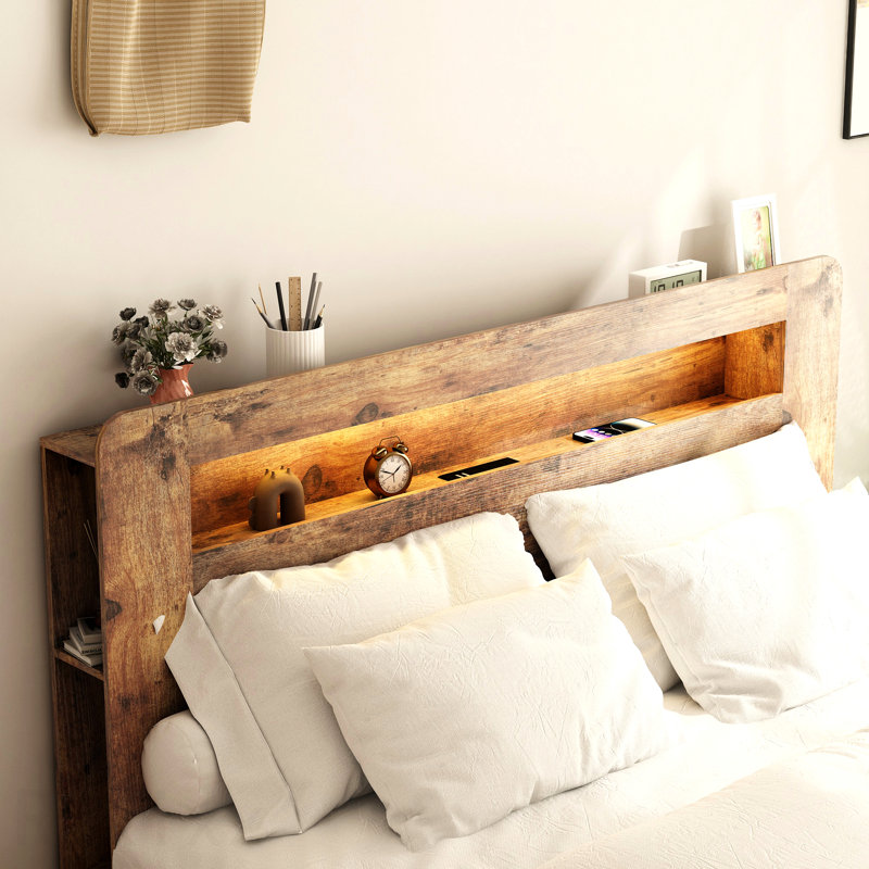 Structure de lit double, structure de lit plateforme en bois avec tête de lit à DEL avec rangement et 2 ports USB, silencieux, aucun sommier nécessaire et outil d'assemblage facile, grand rangement sous le lit, brun foncé