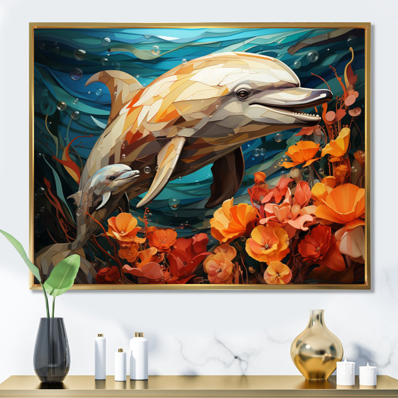 «Dolphin Marine Symphony Geometric - Dolphin», art mural, H 16 po x l 32 po x P 1 po, Cadre flottant doré