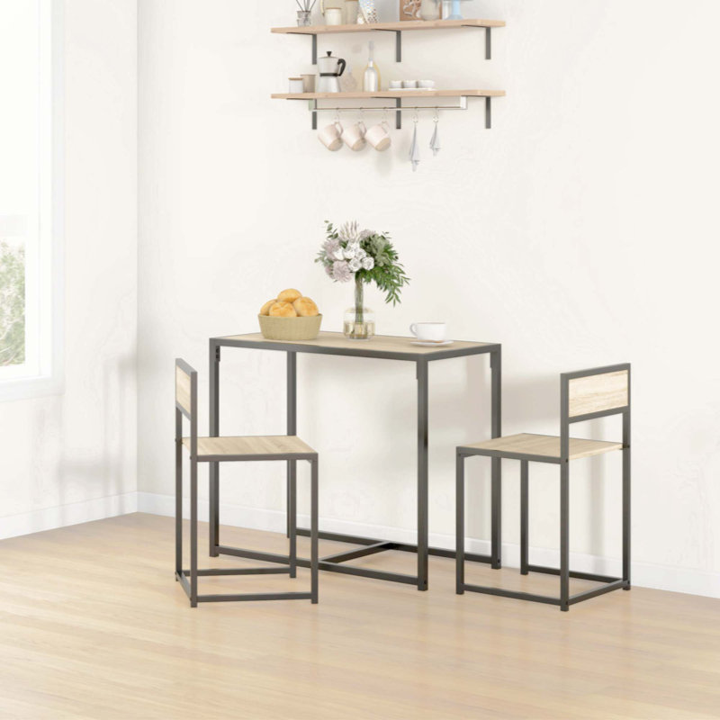 Oak and Black 3-Piece Industrial Dining Table Set with 2 Chairs