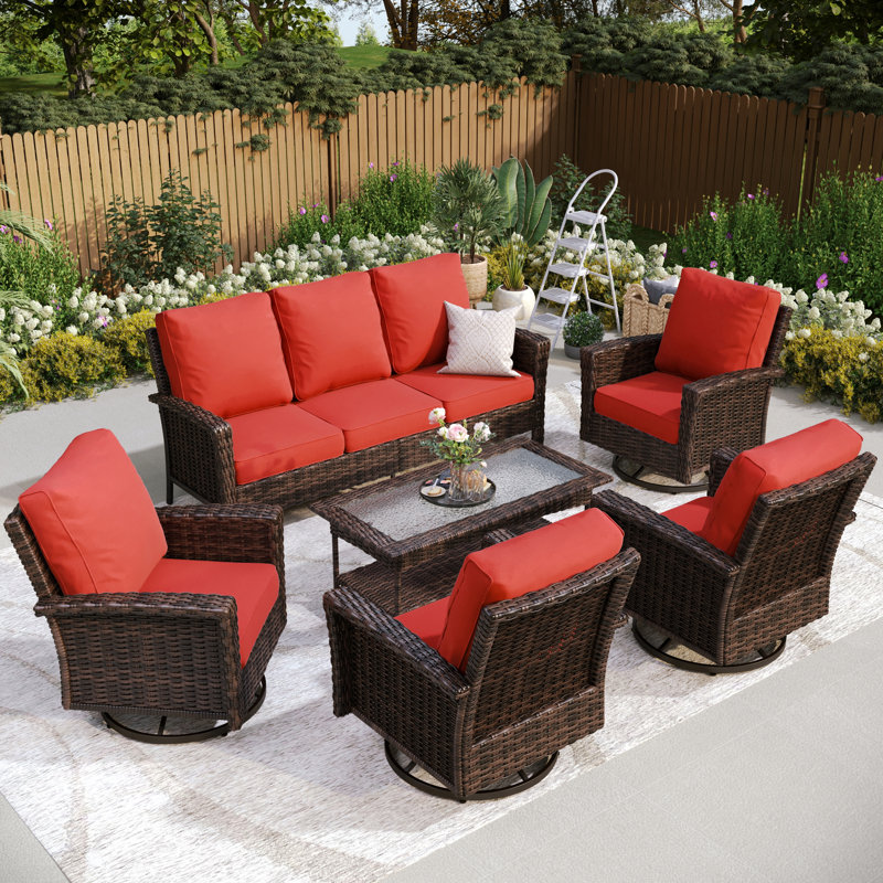 Nadilee Premium All-Weather Wicker 7 - Person Patio Conversation Set with Cushions, Red