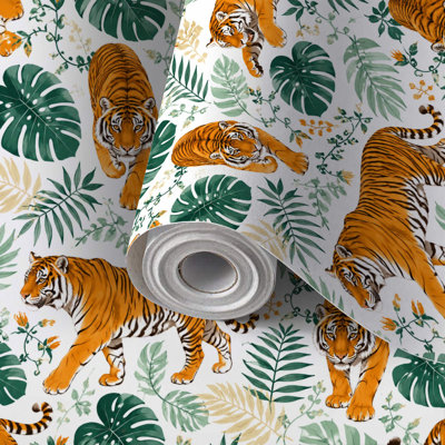 Papier peint auto-adhésif Tigers à feuilles tropicales sans soudure Plantes exotiques prédatrices auto-adhésives et amovibles 24 po x 118 po (60 x 300 cm)