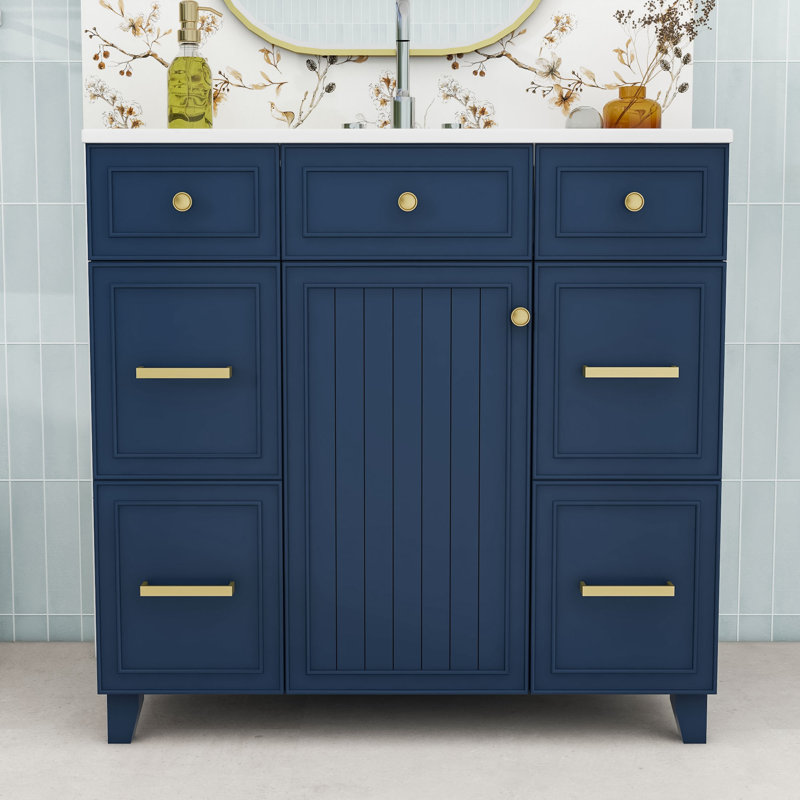 Meuble-lavabo 36 po avec lavabo en céramique, armoire de rangement avec porte à fermeture douce et 3 tiroirs, Marine
