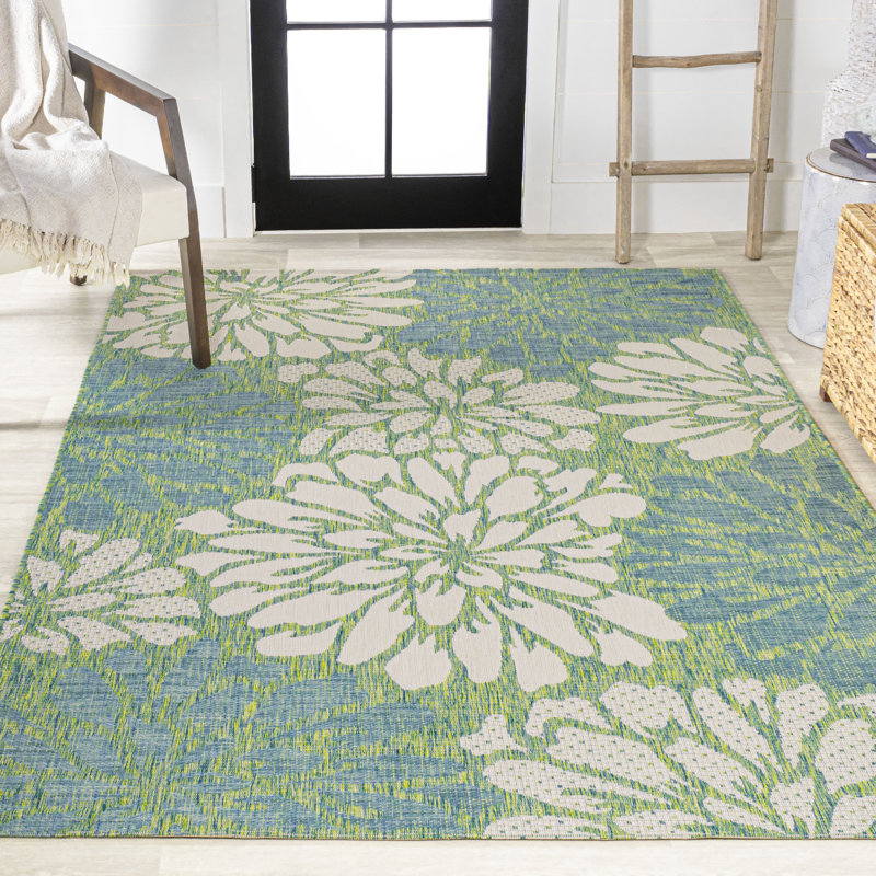Zinnia Modern Floral Textured Weave Cream/Green Indoor/Outdoor Rug, Rectangle 6' x 9'