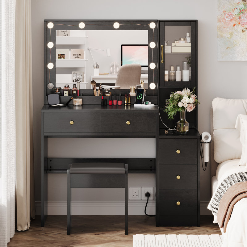 Ensemble de coiffeuse noire avec fauteuil de coiffeuse, miroir à intensité variable 3 couleurs et station de charge, table de maquillage moderne avec tiroirs et armoire d'appoint