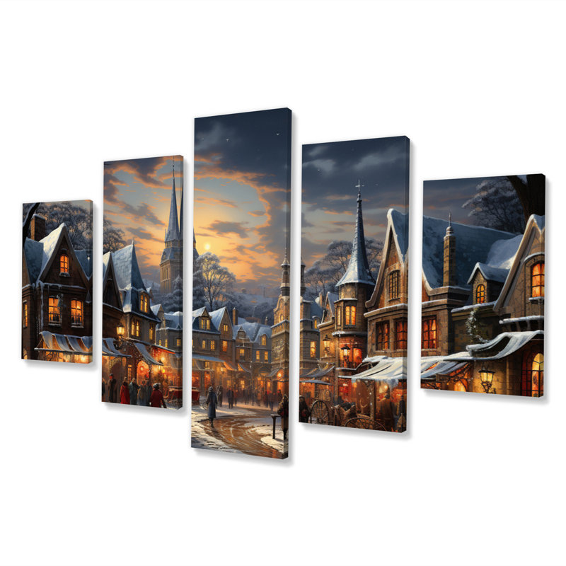 Winter Village Carnival III - Reproduction d'art mural paysages - 5 panneaux