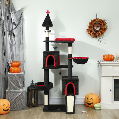 Gothic Cat Tree with Coffin Bed, 78" Extra Tall Cat Tower for Indoor Kittens with 2 Spacious Condos, Sisal Scratching Posts, 4 Bat Hanging Balls, Comfy Hammock, Ramp, Black and Red Halloween