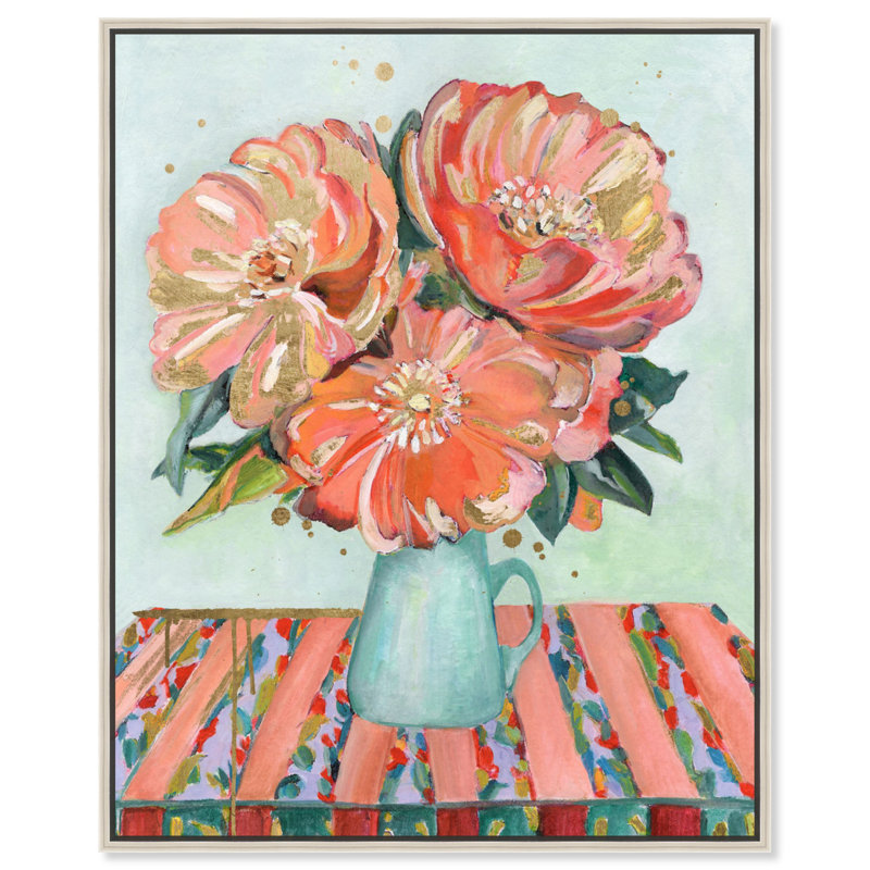 «Peach Floral Canvas Summer» par Everly Quinn, Cadre argenté, H 21 po x l 17 po