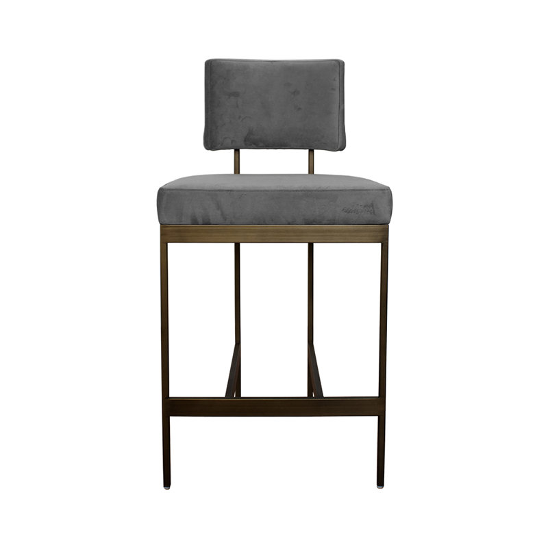 Gray Velvet and Bronze Metal Counter Stool