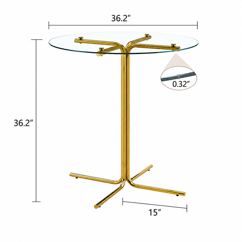 Élégante table ronde à hauteur de bar en verre avec plateau en verre trempé et base à quatre colonnes plaquée or - idéale pour les espaces de vie compacts, les cuisines et les espaces de divertissement