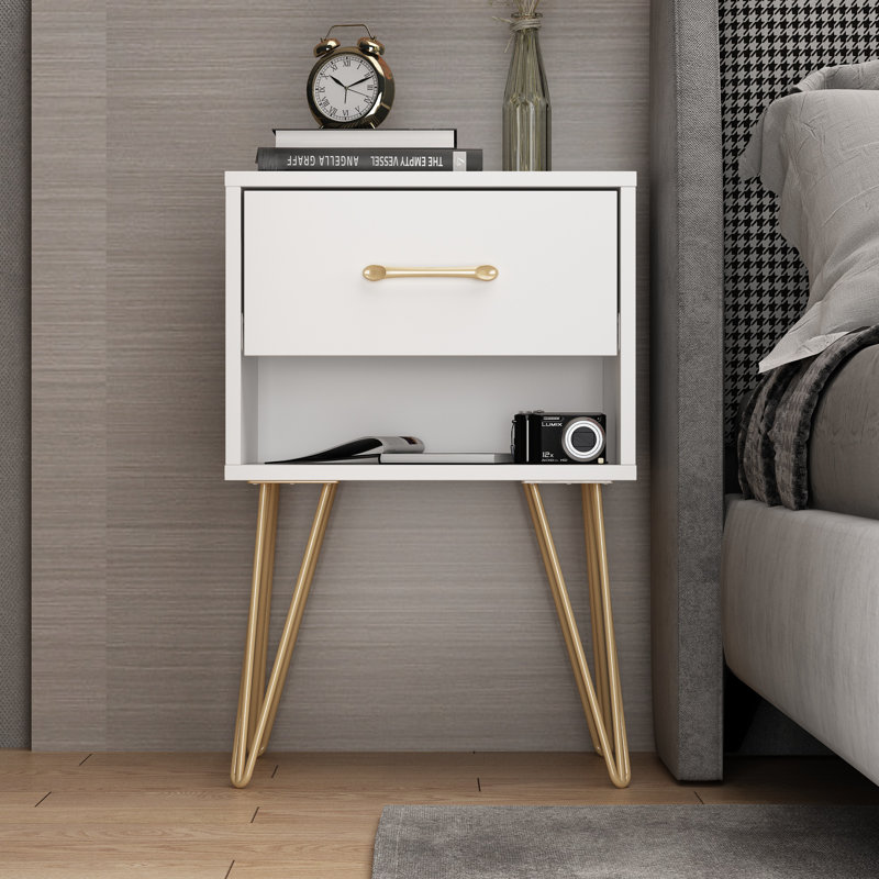 Tyvez 1 Drawer Metal Legs Nightstand, White