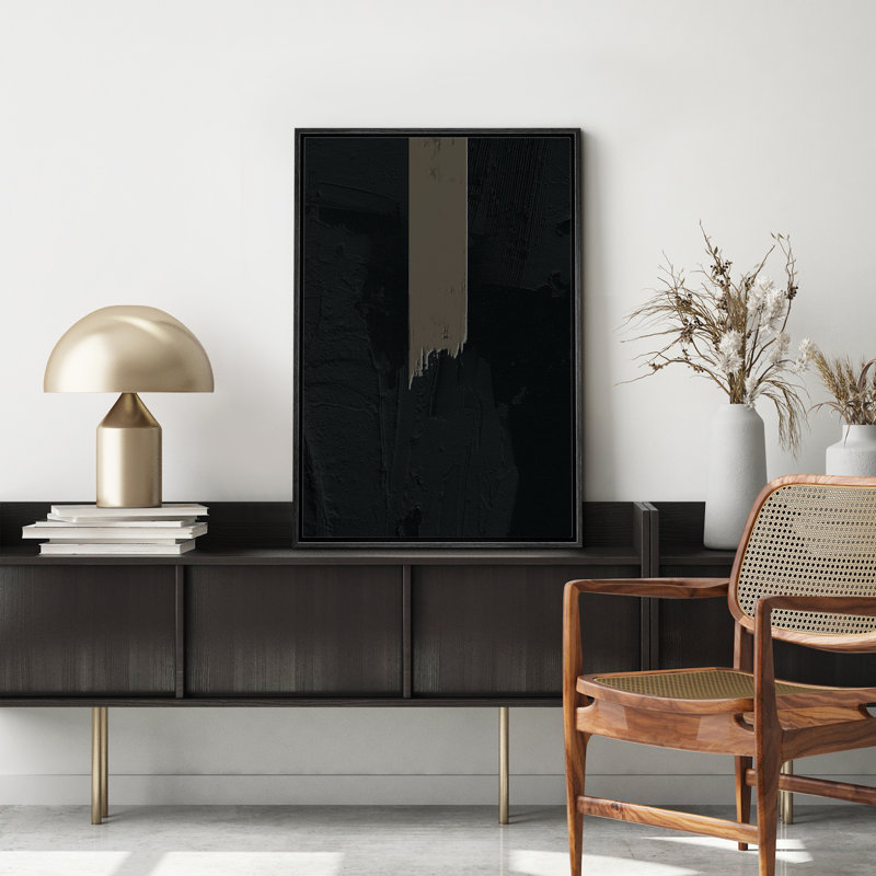 Motif géométrique noir sur fond gris à rayures, formes abstraites et minimalistes, décoration murale nordique contemporaine sur toile