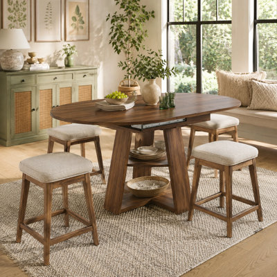 59 inch Round Extendable Dining Table with Storage Shelf and Pedestal Base