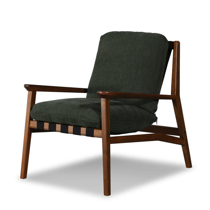 Mid Century Solid Wood Lounge Chair, Moss Green Linen Blend, Charcoal