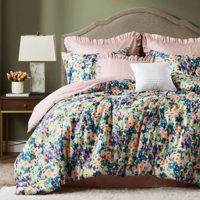 Édredon 8 pièces pour très grand lit avec motif floral numérique vif, taies décoratives assorties et douillettes toutes saisons 8 pièces avec microfibre brossée douce, motif, taies décoratives à volants
