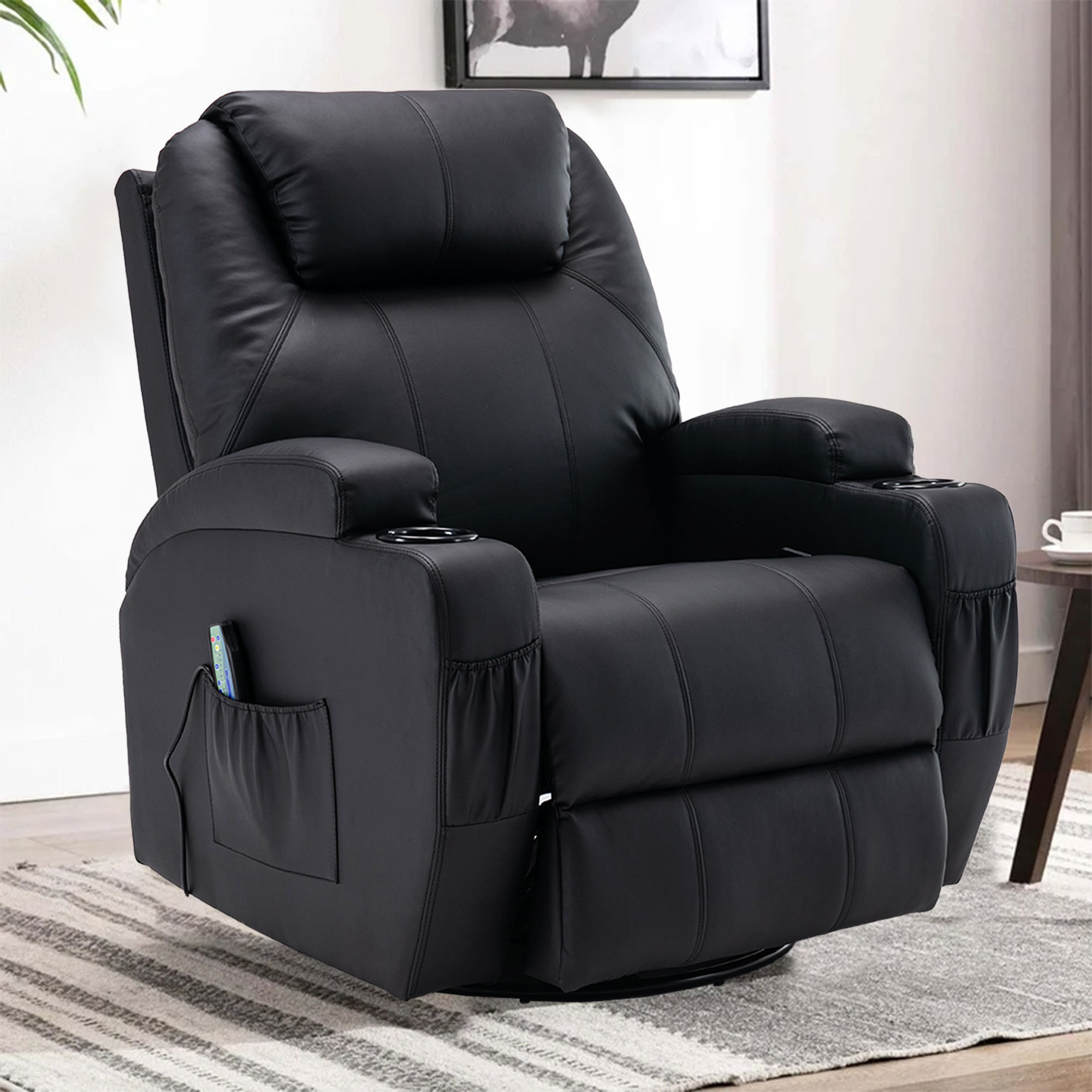 Vegan Leather Manual Swivel Rocker Glider Recliner Chair with Massage & Heat, Lumbar Pillow Included Ebern Designs Leather Type: Brown Faux Leather