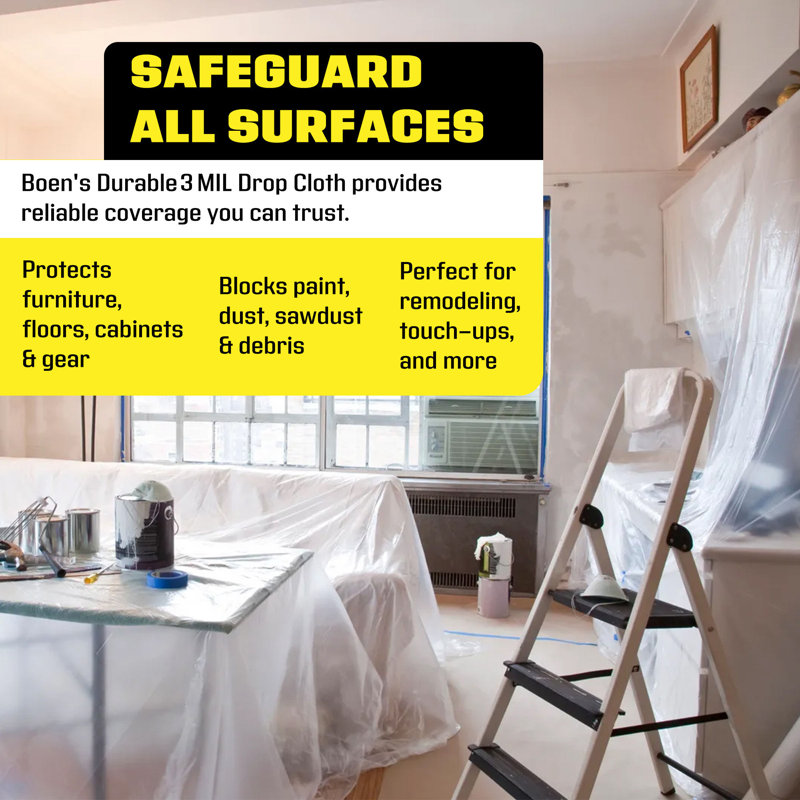 Boen Clear Plastic Drop Cloth, 9 ft x 12 ft, 3 Mil Heavy-Duty Painters Plastic Sheeting Roll, Waterproof, Tear-Resistant Paint Tarp for Furniture, Floors, Windows, Dust Protection – Multipurpose