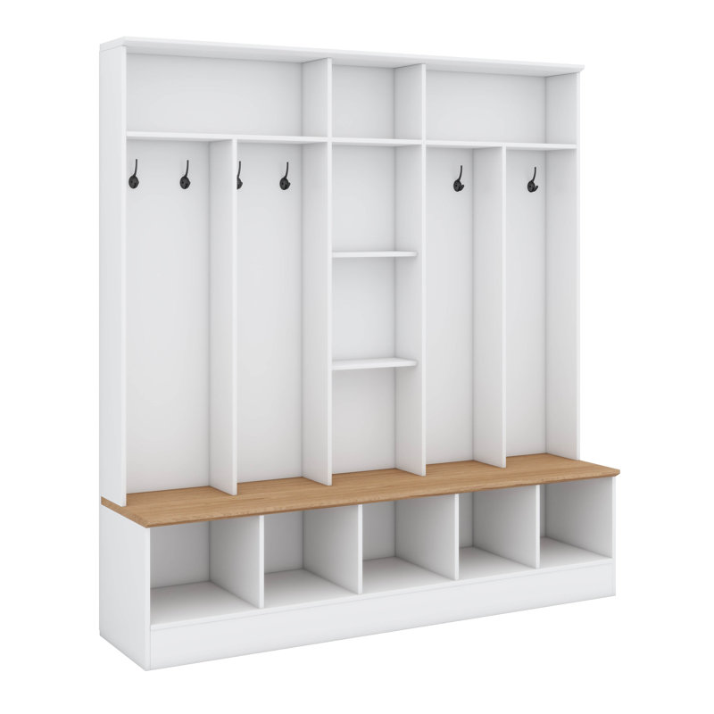 Multi-Functional Coat Rack With Metal Hooks, Shoe Cabinet With Storage Cubes And Shelves, White