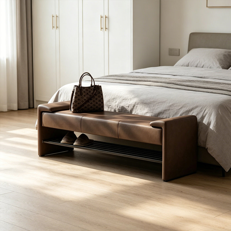 Italian Style Leather Solid Wood Shoe Bench, Brown