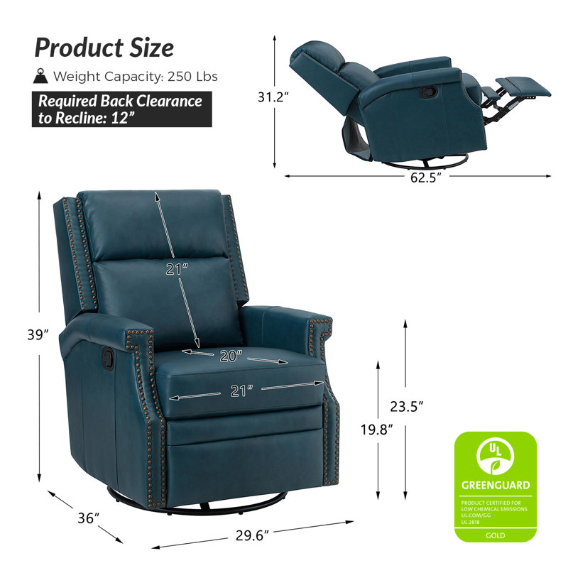 Manning 29.6" Wide Genuine Leather Manual Swivel Rocking Standard Recliner, Turquoise Genuine Leather