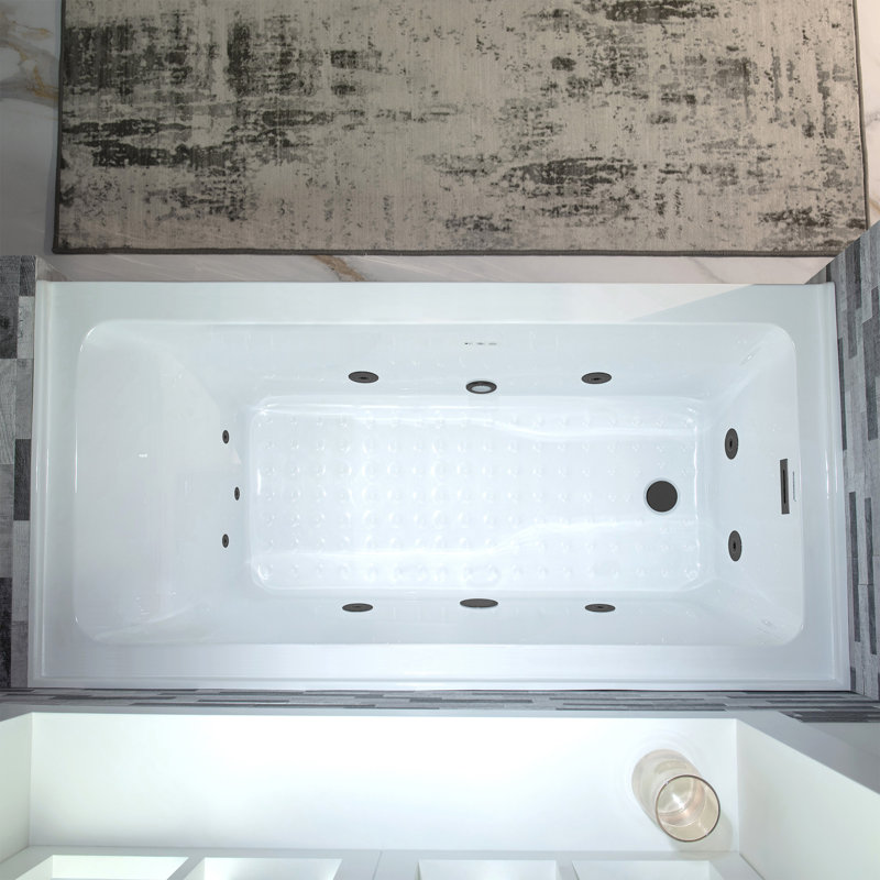 60" X 32" Alcove Acrylic Rectangular Whirlpool Heated Jetted Tub With Drain & Overflow, Matte Black, Left