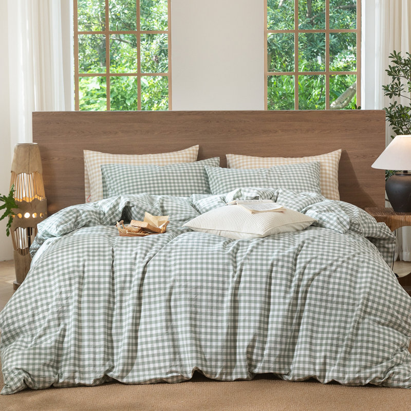 MooMee Gingham Duvet Cover Set 100% Washed Cotton Linen Like Lightweight, Sage Green