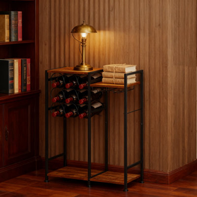 Armoire à liqueurs autoportante avec support à vin pour 9 bouteilles, porte-verres et tablettes de rangement pour bar à domicile, présentoir de whisky de coin avec pieds réglables