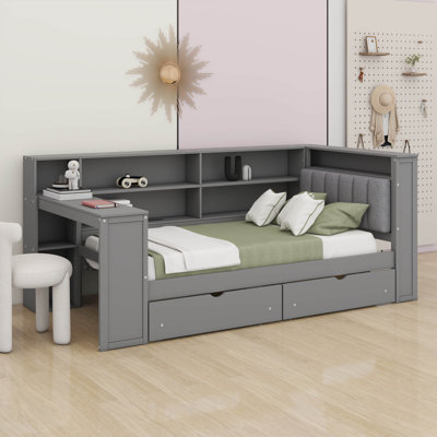 Wood L-Shaped Daybed With Storage Shelves And Drawers,Charging Station And LED,Desk And Upholstered Headboard,For Bedroom Living Room