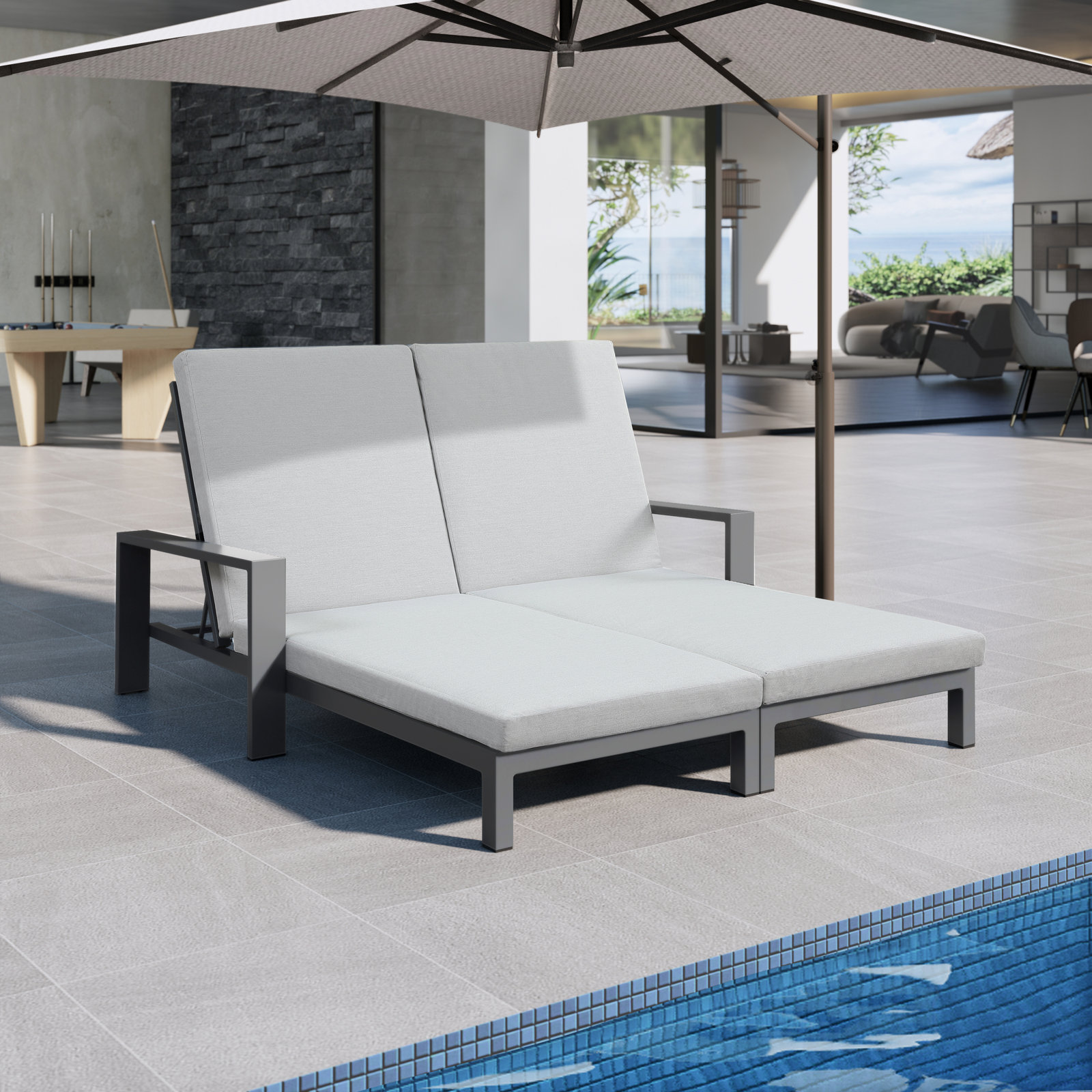 Hoyt Outdoor Metal Double Chaise Lounge, Grayish Cushion/Gray Frame