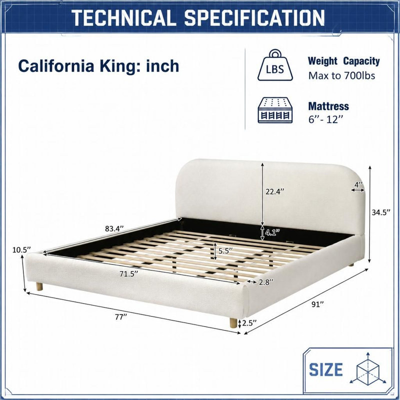 Très grand lit plateforme tapissier California