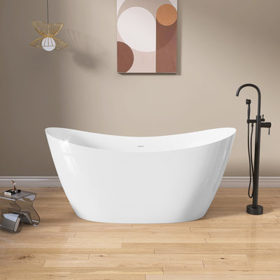 63"L X 31"W Double Slipper Freestanding Soaking Bathtub  Acrylic Stand Alone White Tub with Pop-Up  Removable Drain in Chrome