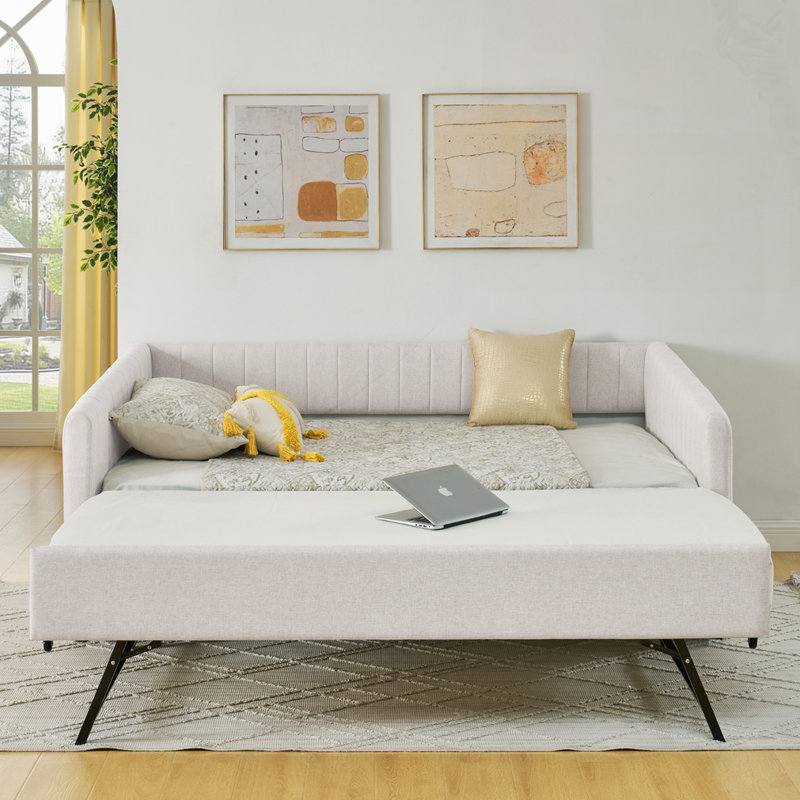 Daybed with trundle - upholstered sofa bed, vertical stripes, linen fabric, Beige, Full